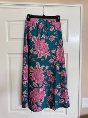 Floral A-Line Midi Skirt in Teal and Pink